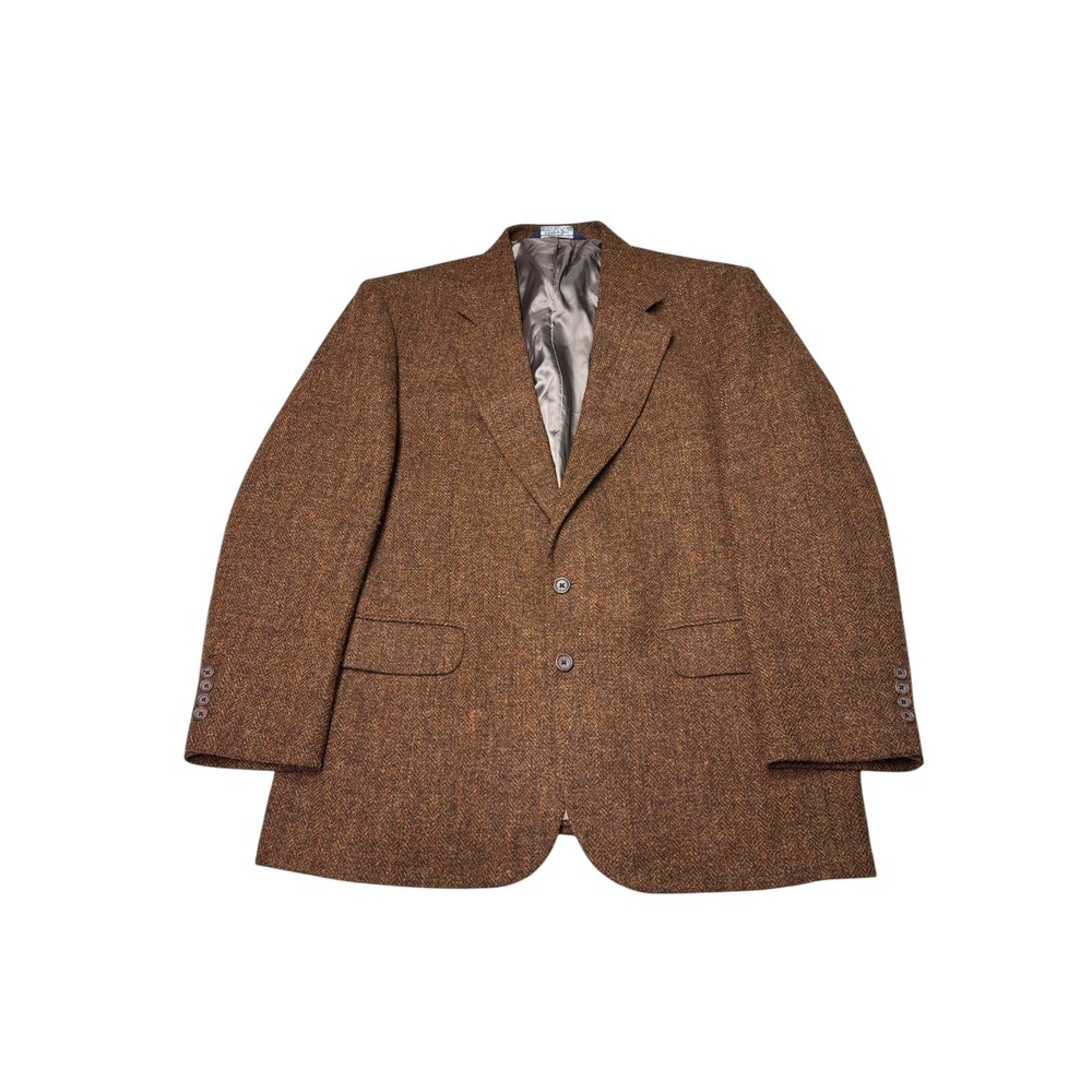 Lands End x Harris Tweed Wool Blazer Brown Herringbone Sport Coat 44R USA Made